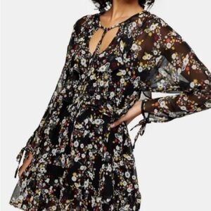 Nordstrom Black Floral Sheer Ruffle Mini Dress NWT Long Sleeve Size Small
